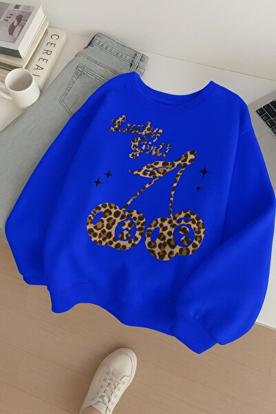 BENROMA Hanorac unisex cu imprimeu LUCKY GIRL din bumbac pieptănat cu 3 fire