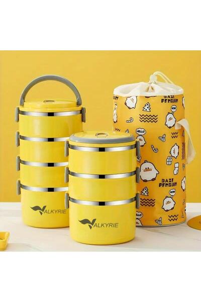 valkyrie 4 Gözlü Çelik Penguen Desenli Sarı Termal Bento Kutusu Çocuklar İçin...