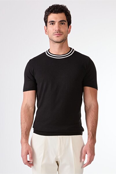 Dufy Siyah O Yaka Düz Renk Kısa Kollu Slim Fit Triko Tshirt