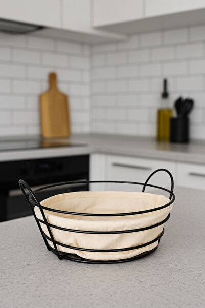 AYGÖREN HOME Metal Black Striped Round Bread Basket Fabric Round Bread Basket...