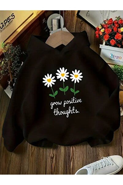 oneagılyazı Зимна суитшърт с качулка, детски принт с растящи маргаритки