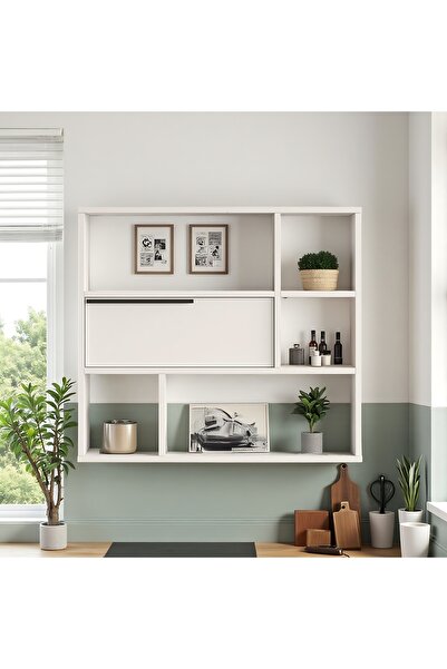 Robin Home Mutfak Salon Duvar Rafı Kitaplık 90cm Kapaklı Beyaz
