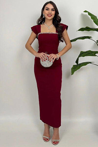 Dolcha Valentia Madonna Yaka Taş İşlemeli Kalem Bordo Abiye Elbise, Zarif Dav...