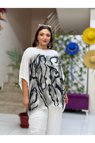 Punta Otantik VL3009 Μπλούζα με στάμπα με μανίκια νυχτερίδας, λευκή