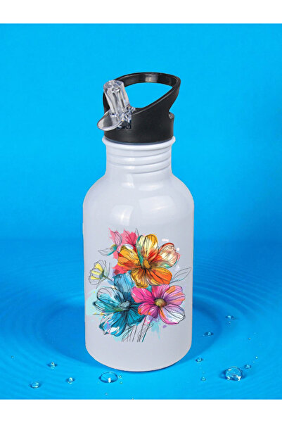 lili hediyelik Painted Flowers Printed Water Bottle 600 ml - Girl's Water Bot...
