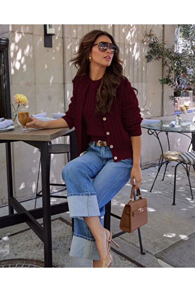 TRQOM Women's Patterned Hair Braided Round Neck Blouse and Buttoned Cardigan Two-Piece Set Combination Burgundy