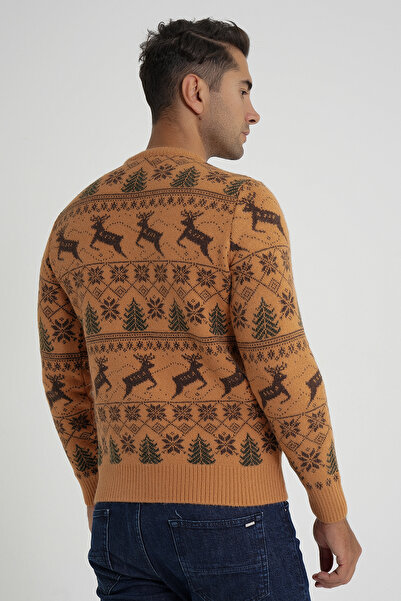 Trist Star Trist Star Men's Mustard Cycling Collar Jacquard Deer Wool Christmas Sweater Trist-5360