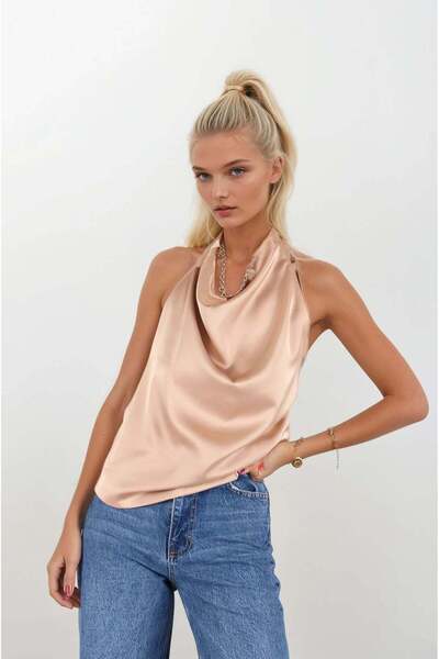 FABB Bluză din satin cu detaliu pe spate bej