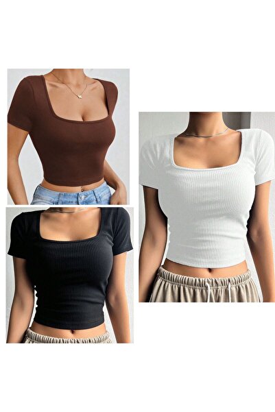 MİLYA&GYM Women's 3-Pack Ribbed Camisole Body-Hugging Square Neck Crop T-Shirt