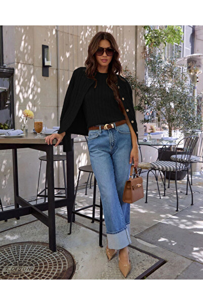 TRQOM Women's Patterned Braided Round Neck Blouse and Buttoned Cardigan Two-Piece Set Combination Black