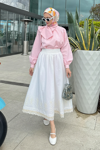 Salih Çelebi Scalloped and Embroidered Detailed Skirt 2329 - Cream