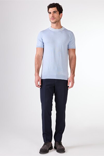 Dufy Ice blue round neck solid color short sleeve slim fit knitwear t-shirt