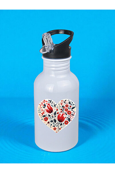 lili hediyelik Painted Heart Printed Water Bottle 600 ml - Girl's Water Bottle, Girls' Water Bottles