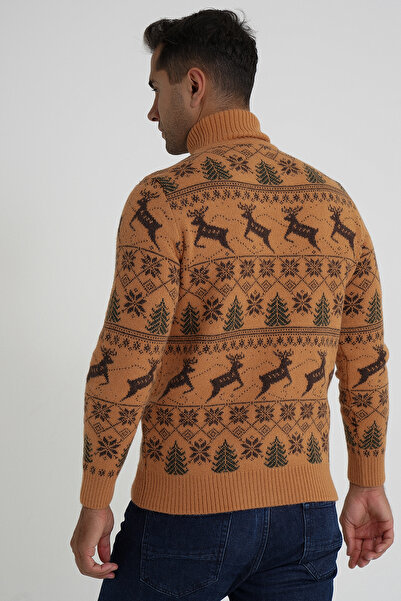 Trist Star Trist Star Men's Mustard Full Fishman Collar Jacquard Deer Wool Christmas Sweater Trist-5361