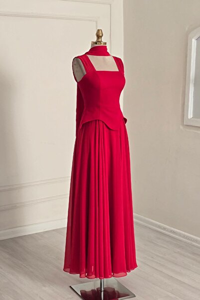 Yonca Moda Evi Kırmızı Korseli Şifon Etekli Abiye 9819