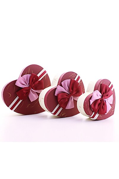 HediyeFilesi مجموعة من 3 صناديق كرتونية على شكل قلب مع شريط هدايا حمراء للحبيب
