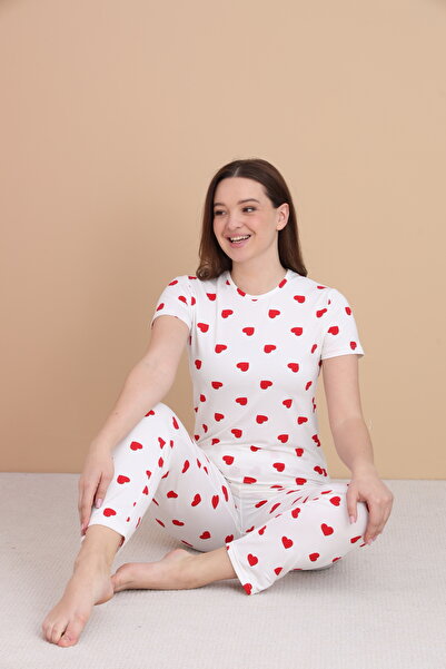 STELLAPİNK KÜÇÜK KALP BASKILI KISA KOL PİJAMA TAKIMI - BEYAZ