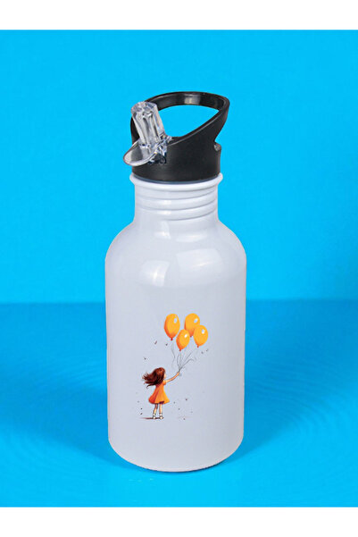 lili hediyelik Girl with Balloon Printed Water Bottle 600 ml - Girl's Water Bottle, Girl's Water Bottles