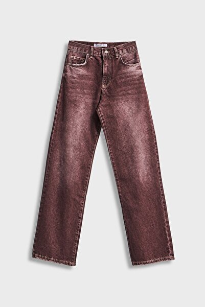 its basic Women's Stonewashed Burgundy Color 2W5-131 Loose Fit Mid Waist Inner Length 80cm 100% Cotton Denim Jean