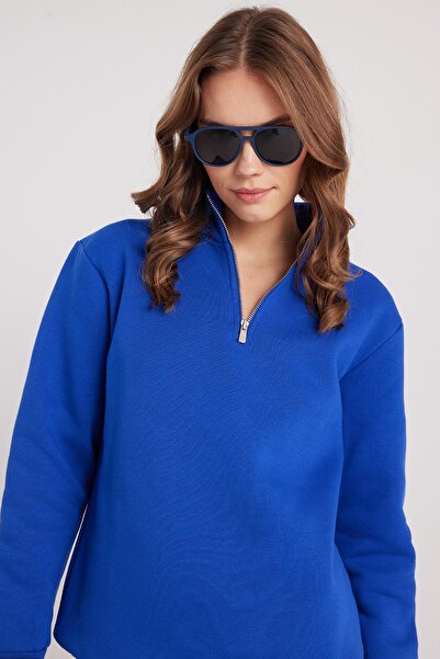 Tudors Γυναικείο φούτερ με ψηλό γιακά με μισό φερμουάρ, άνετο και χαλαρό κούρεμα, βαμβακερό εσωτερικό φλις, μπλε σαξόφωνο