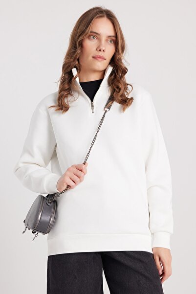 Tudors Γυναικείο φούτερ με μισό φερμουάρ, άνετο κομμένο από βαμβακερό φλις, λευκό γιακά με όρθιο γιακά