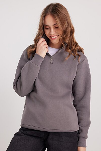 Tudors Γυναικείο φούτερ με ψηλό γιακά με μισό φερμουάρ, άνετο βαμβακερό εσωτερικό φλις, χαλαρή εφαρμογή