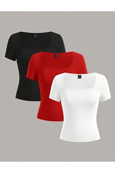 MİLYA&GYM Kadın 3'lü paket fitilli kaşkorse vücudu saran KARE YAKA CROP T-SHİRT