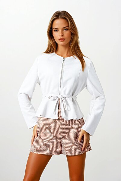 VAGGON Women's Stone Zipper Crew Neck Suede Look Belted Short Jacket Vs00854