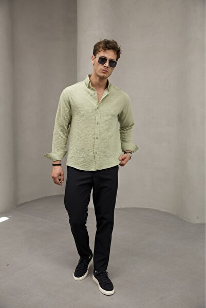 Bürke Summer Linen Textured Pistachio Green Color Half Oversize Shirt