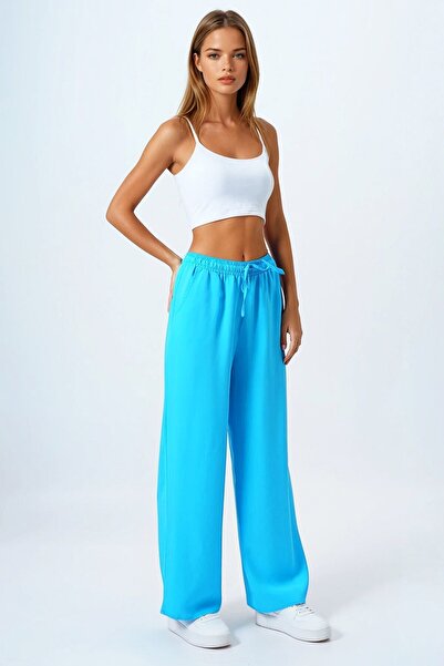 VAGGON Women's Blue Double Pocket Elastic Waist Palazzo Pants Vs00838