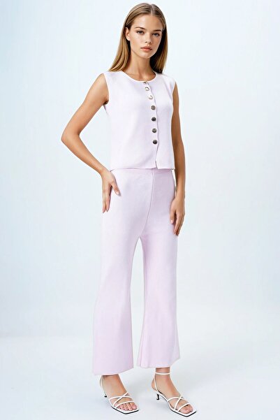 VAGGON Women's pink gold button detailed blouse and elastic waist palazzo pants knitwear set vs00844