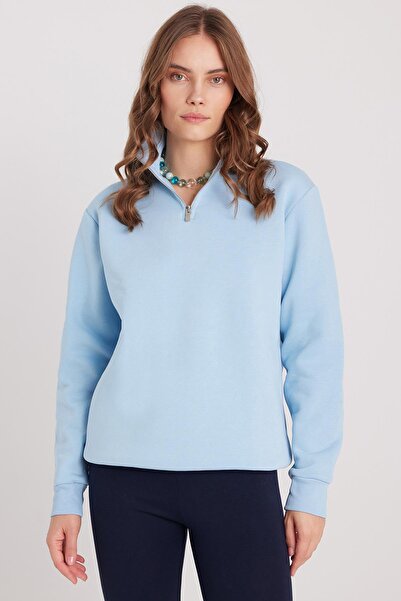 Tudors Γυναικείο φούτερ με μισό φερμουάρ, μπλε γιακά, από βαμβακερό φλις, άνετο και χαλαρό