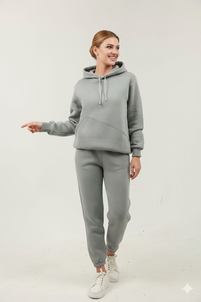 OXVİN Women's Three Thread Cut Pocket Hooded Soft Oversized Tracksuit Set with Cotton Inside
