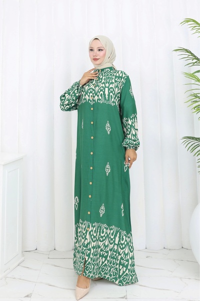 MSK Fashion Buttoned All-Over Ethnic Pattern Dress Green