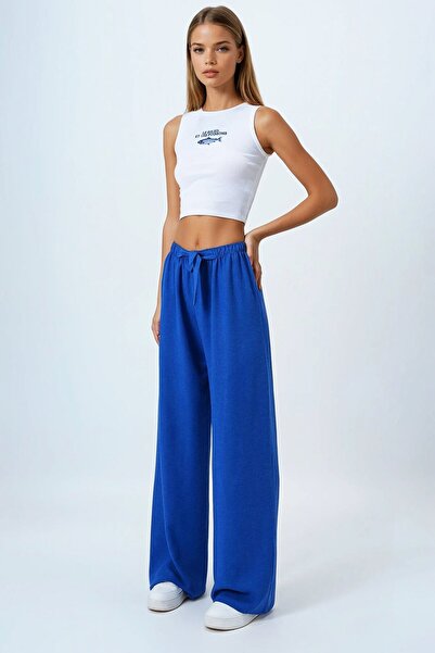 VAGGON Women's saks tie-up elastic waist linen palazzo pants vs00839