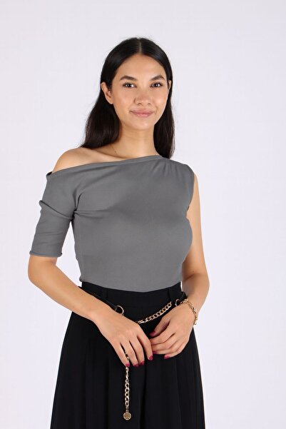 FABB Γκρι πλεκτή μπλούζα με λεπτομέρεια στον ώμο