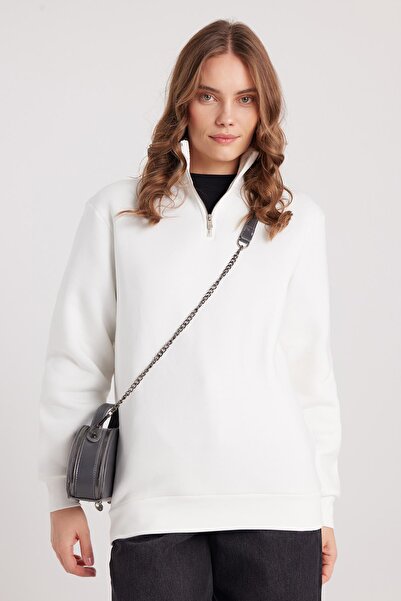 Tudors Γυναικείο φούτερ με μισό φερμουάρ, άνετο κομμένο από βαμβακερό φλις, λευκό γιακά με όρθιο γιακά