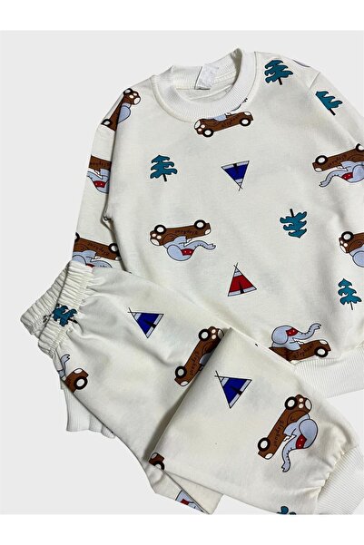 tusem butik homewear Σετ παιδικών αγοριών βαμβακερών λευκών πιτζάμες με σχέδιο αυτοκινήτου ελέφαντα