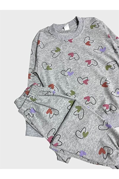 tusem butik homewear Σετ παιδικών πιτζάμες από βαμβακερό γκρι μακρυμάνικο σχέδιο καρδιάς για την εποχή