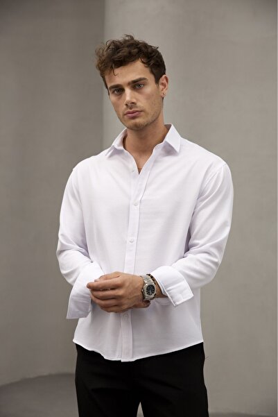 Bürke Καλοκαιρινό λινό πουκάμισο με υφή σε λευκό χρώμα, μισό oversize