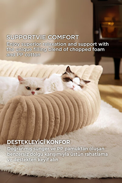 Evlen Home Collection Kürk Peluş Ortopedik Kedi Köpek Evcil Hayvan Yatağı PatiChill Yıkanabilir Luna Lüks Bej