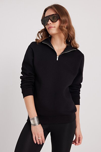 Tudors Kadın Relax Fit Rahat Kesim Pamuklu İçi Polarlı Yarım Fermuarlı Siyah Dik Yaka Sweatshirt