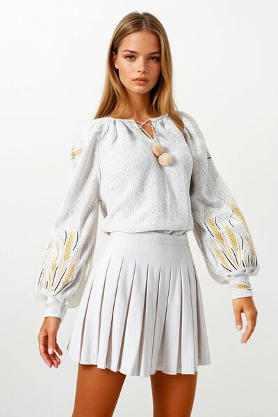 VAGGON Γυναικεία μπλούζα Bohemian με κεντημένη φούντα με κορδόνια σε μπεζ χρώμα Vs00861