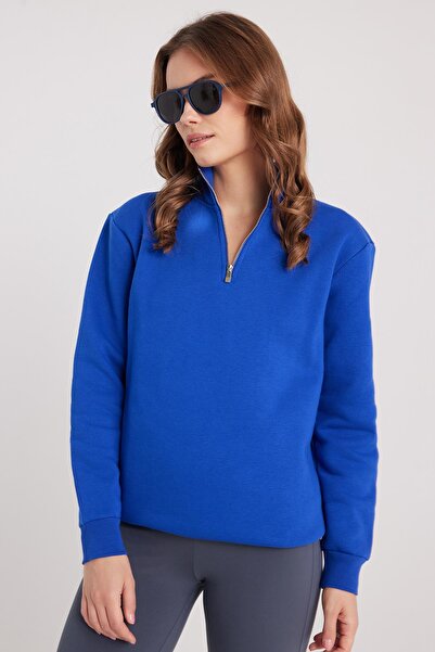 Tudors Γυναικείο φούτερ με ψηλό γιακά με μισό φερμουάρ, άνετο και χαλαρό κούρεμα, βαμβακερό εσωτερικό φλις, μπλε σαξόφωνο