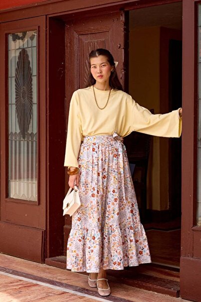 Ceylan Otantik Butter Yellow Body & Orange Daisy Ruffle Wrap Skirt