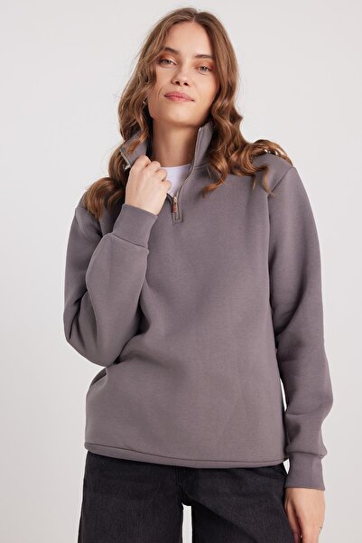 Tudors Γυναικείο φούτερ με ψηλό γιακά με μισό φερμουάρ, άνετο βαμβακερό εσωτερικό φλις, χαλαρή εφαρμογή