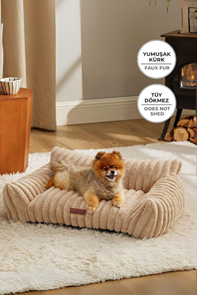 Evlen Home Collection Kürk Peluş Kedi Köpek Evcil Hayvan Yatağı PatiChill Yıkanabilir Kaymaz Taban Luna Lüks Bej