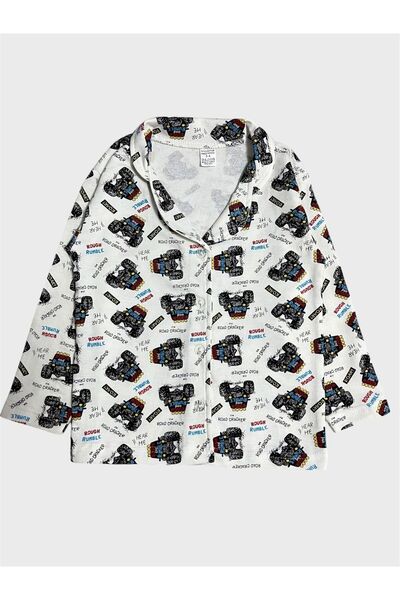 tusem butik homewear Set de pijamale pentru băieți, din bumbac, alb, cu model de vehicule, cu guler cămașă și nasturi până la picioare
