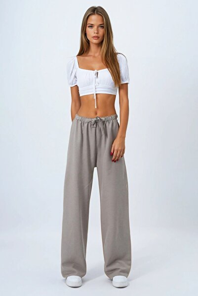 VAGGON Women's Gray Lace-Up Elastic Waist Palazzo Pants Vs00837