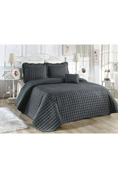 CASA SABRY Embroidered Bedspread + 3 Pillowcases, 220x240 cm, Anthracite Gray